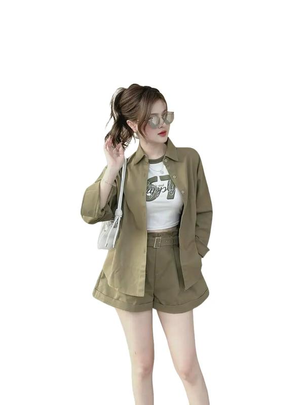 Combo Set Bộ  4 Món Quần Short Đùi Kèm Đai , Áo Thun Gân Cổ Tròn Số 67 Kiểu Lửng Croptop Và Áo Khoác Sơ Mi Nữ Teen Năng Động Cute Women Top Jacket Kem Pants