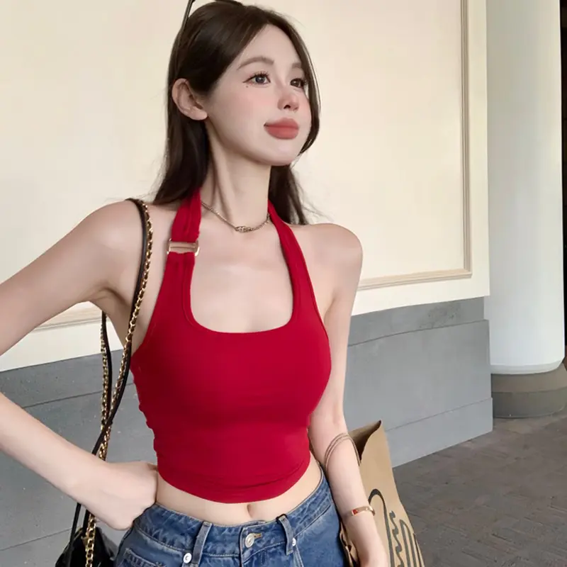 Áo Ba Lỗ Cổ Yếm Dành Cho Nữ, Màu Trơn Không Tay, Có Đệm Áo Ngực, Thích Hợp Cho Mùa Hè, Hotsweet Women Top 0