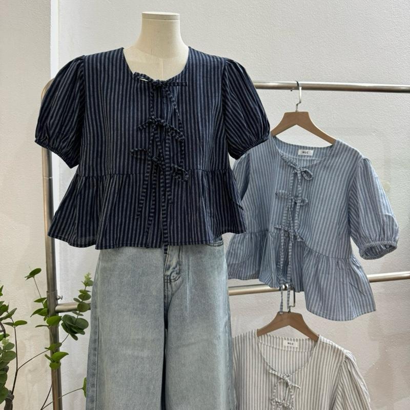  XẢ KHO  Không Kèm Quây  Áo babydoll kẻ sọc dáng croptop có dây buộc trước ngực cổ tròn chất thô By Halinh M1951 