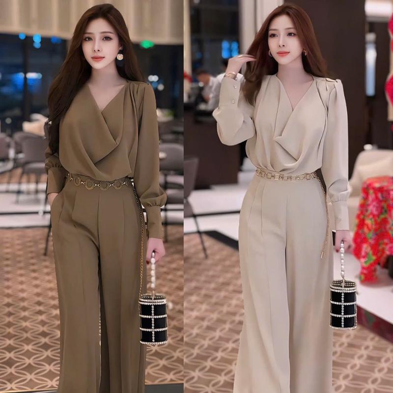  Sét Áo Cổ Đổ Kết Hợp Quần Ống Rộng Nữ không kèm thắt lưng  - Women Ong Kem set thường Top Thun 