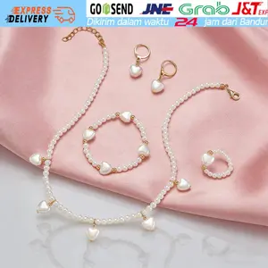 1 Set Gelang Kalung Cincin Anting Mutiara Pearl Necklace Earrings Pesta Aksesoris Perhiasan Anak Cewek