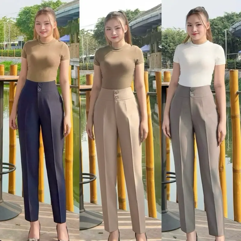 Quần dáng đứng bảng lưng to 2 nút ống 16cm dài 97cm chất vải coton Hàn cho nữ - Ong