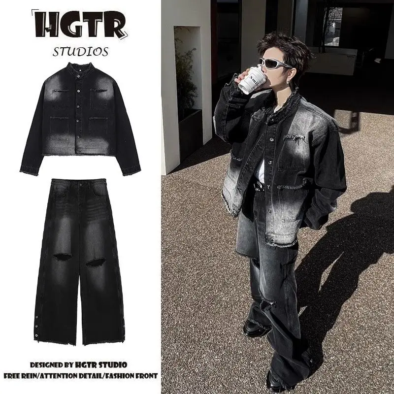 Bộ Đồ Denim Cao Cấp Dáng Rộng Hợp Xu hướng Thiết Kế Độc Đáo Áo Khoác Denim Yupi, Bộ Hai Mảnh, Dành Cho Nam Giới