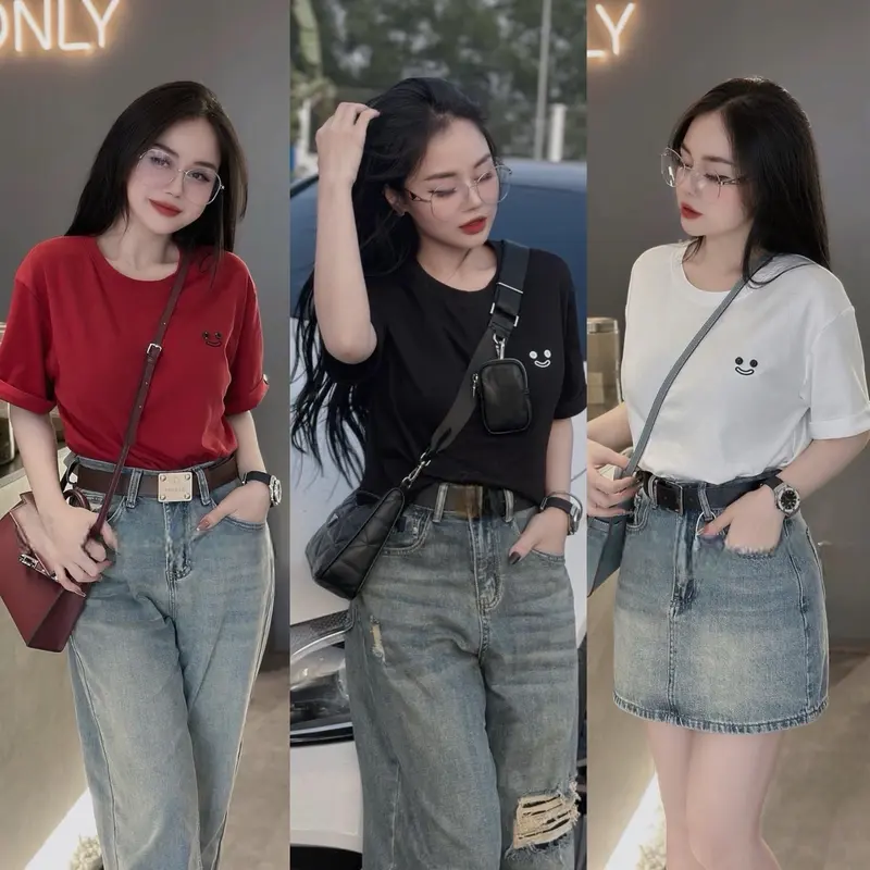 Áo Phông 3158 cotton khô thêu (Mặt cười -Nhí) form vừa Top Women 2