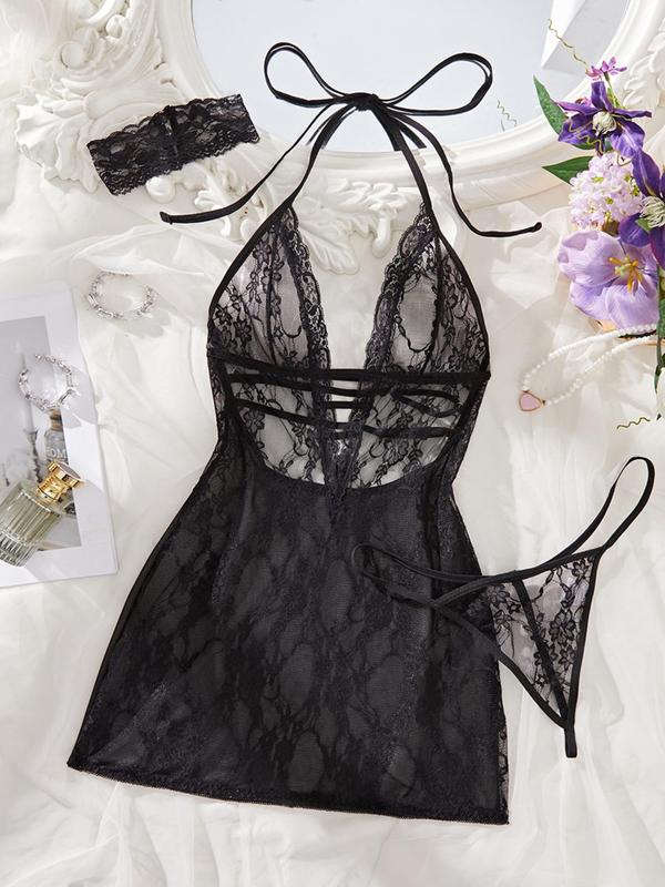 Women's Solid Color Lace  Halter Neck Nightdress & Thong Sexy Sleepwear Set, Sexy Fashion  Tie Back Backless Sleeveless  Nightgown & Panty Set, Women's Sleepwear for All Seasons 3