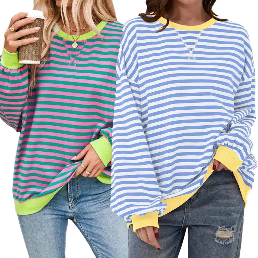 Women Striped Oversized Sweatshirt Color Block Crew Neck Long Sleeve Shirt Casual Pullover Top Fall Y2K Clothes Cotton Crewneck free people  outfits