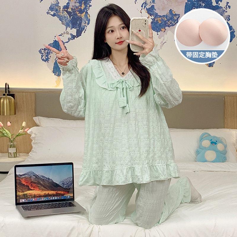 Bộ Đồ Ngủ Nữ, Phong Cách Ins, Làm Bằng Bông, Thích Hợp Cho Mùa Xuân Và Mùa Thu, Thiết Kế Đệm Ngực, Phong Cách Cổ Chữ V Ngọt Ngào 6