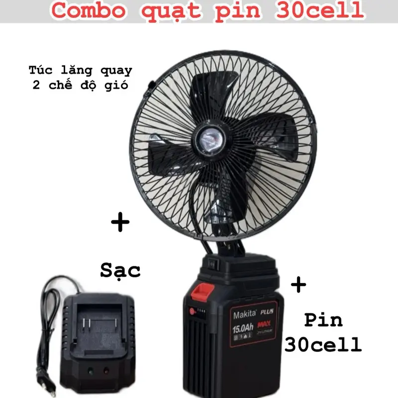 Bộ Quạt Pin 30Cell thời gian sử dụng lâu - có túc lăng quay đảo chiều , 2 chế độ gió - chân pin phổ thông M21 - quạt lồng sắt 2 mặt - bảo hành 12 tháng
