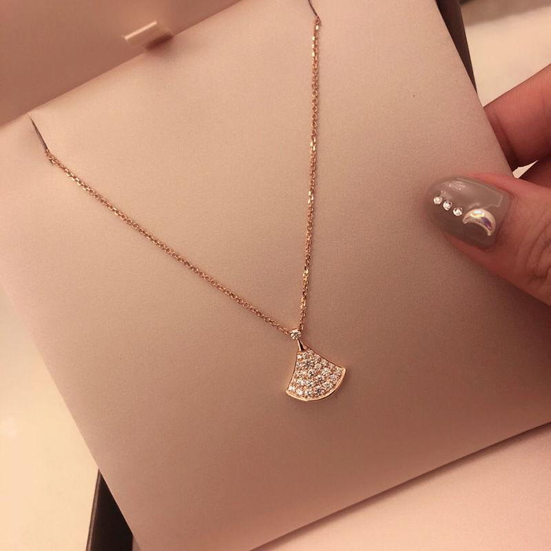 Product Introduction of Light Luxury Full Diamond Small Skirt Fan Necklace Female Pendant Gentle Sweet Clavicle Chain 0
