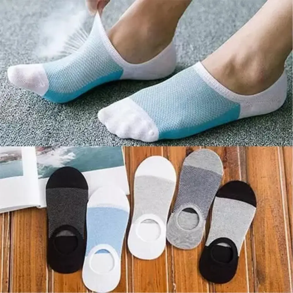 Honbata|Men Summer Breathable Mesh Color Block Anti-slip Invisible Low Cut Boat Socks