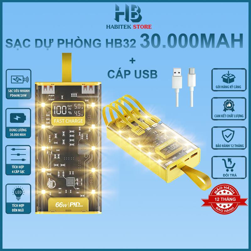 [Sạc Siêu Nhanh] Sạc Dự Phòng HB32 30.000MAH, Sạc Nhanh PD 66W/20W,Thiết Kế Trong Suốt, Có Đồng Hồ Hiển Thị %Pin, Hiệu Điện Thế U(V), Cường Độ Dòng Điện  (Ampe) Có Đèn Ngủ, Bảo Hành 12 Tháng Sạc Pin
