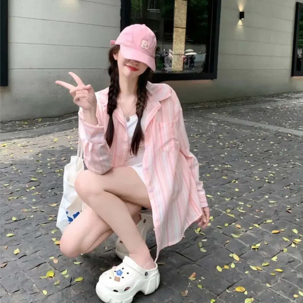 Áo sơ mi nữ kẻ sọc vải đũi xốp mềm Kem  Shirt , Women phong cách trẻ trung năng động Top