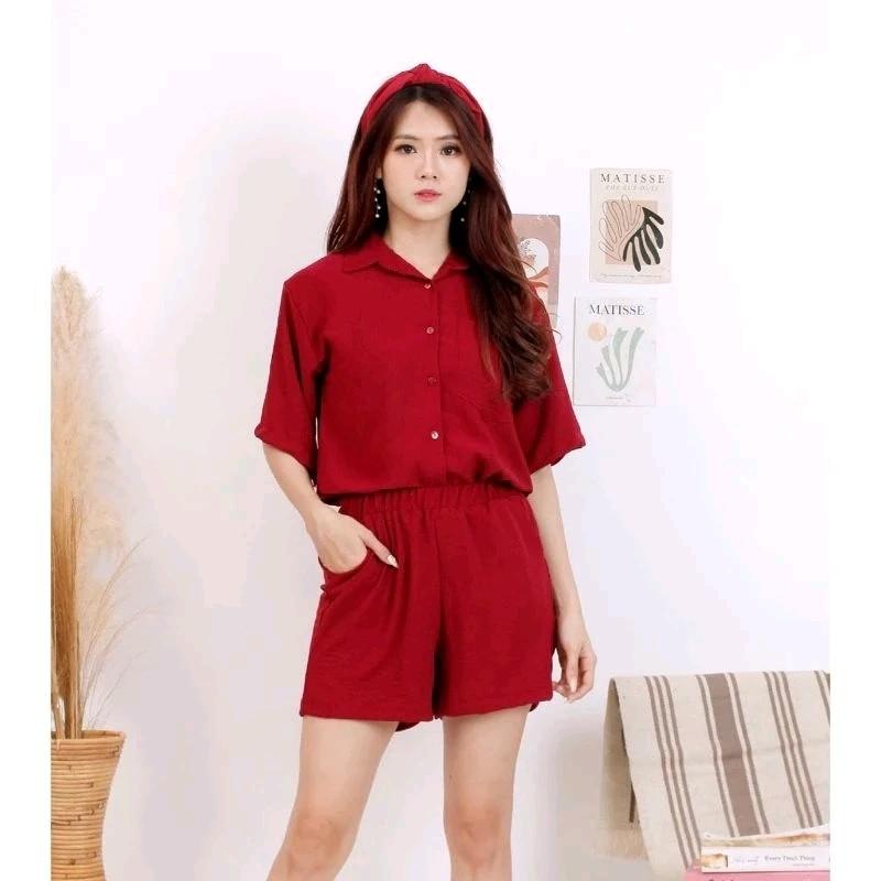 Kora One Set  Celana Hotpants | Setelan  Wanita Crinkle Airflow | Atasan Kerah Kantong Full Kancing Celana Full Karet 4