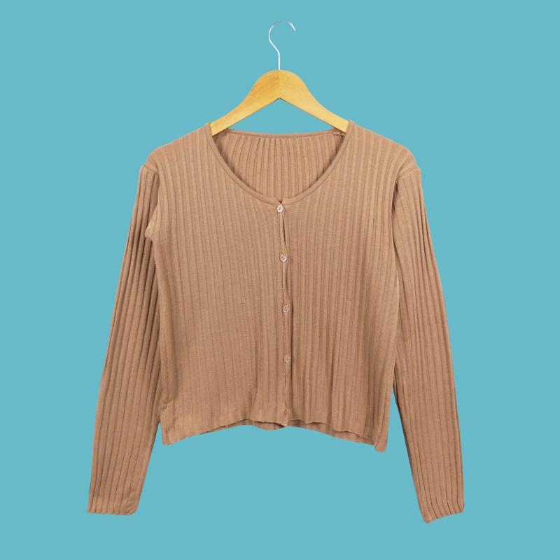 Cardigan Rajut Crop Top Long Sleeve Kancing Baju Wanita Knitwear Tangan Panjang Sweater Atasan Lembut 2