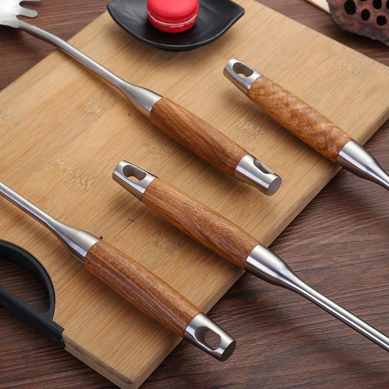 Product Introduction of Cookware 304 Staniless Steel Kitchen Utensils Long Wooden Handle Spatula Spoon Cooking Equpment Frying Shovel Thickened Cooking Tool Sets 19
