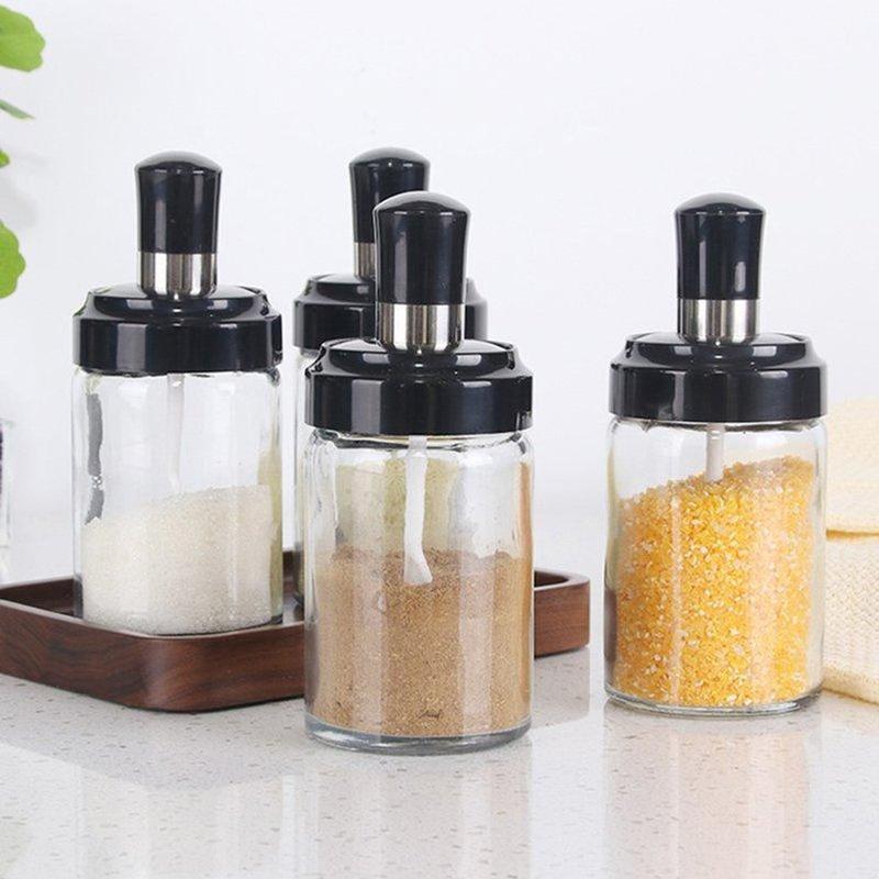 Combo 6 Lọ đựnġ Gia Vị Thủy Tinh/Hủ đựnġ Gia Vị Kèm Muỗng, Kín Khí, Tiện lợi Dung Tích 250ml. đá bền lodung giavi viền mã vàng chống thấm nước đồ đựng gia vị seasoning  utensil
