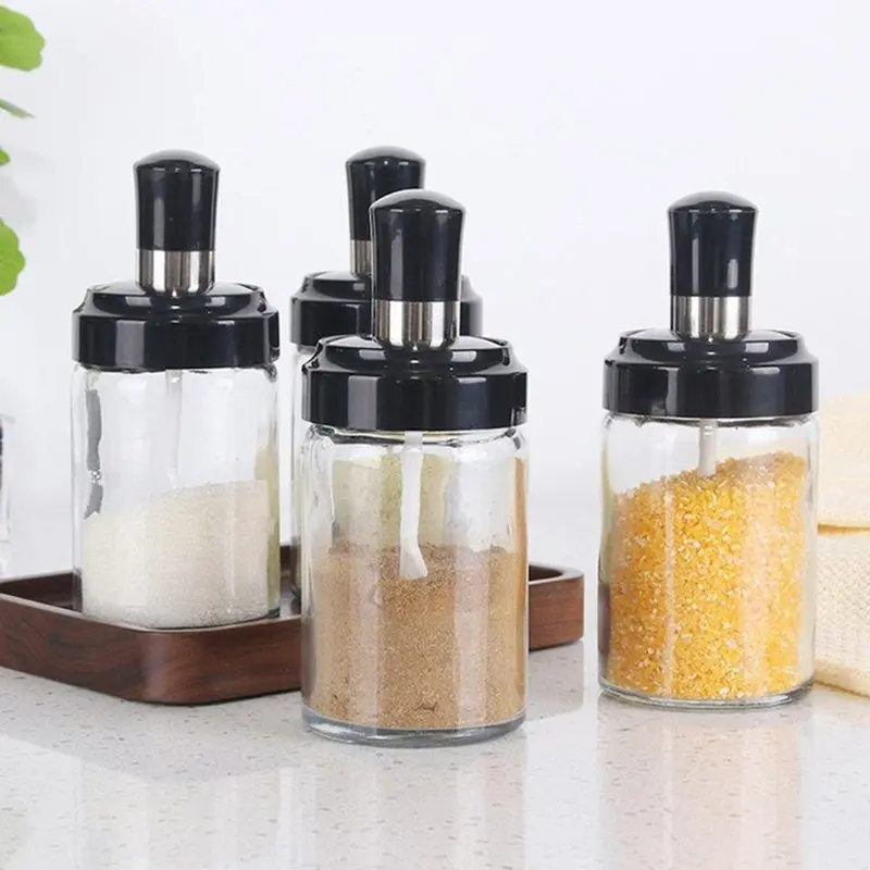 Combo 6 Lọ đựnġ Gia Vị Thủy Tinh/Hủ đựnġ Gia Vị Kèm Muỗng, Kín Khí, Tiện lợi Dung Tích 250ml. đá bền lodung giavi viền mã vàng chống thấm nước đồ đựng gia vị seasoning utensil