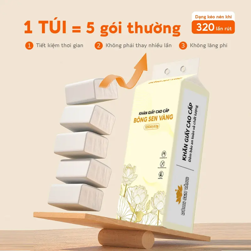 Thùng 6 bịch khăn giấy rút Bông Sen Vàng (tặng kèm 3 móc treo tường + 10 chiếc khẩu trang 5D) Giấy Vệ Sinh 1