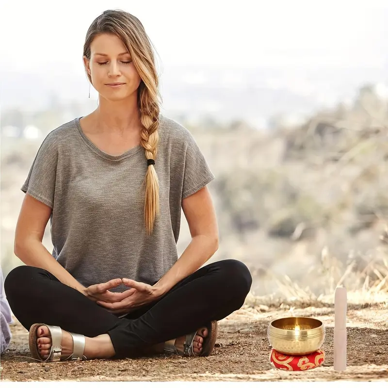 Meditation Sound Bowl Set, 1 Count Meditation Sound Bowl & 1 Count Wooden Hammer & 1 Count Drawstring Bag, Meditation Instrument for Yoga, Meditation, Mindfulness 2
