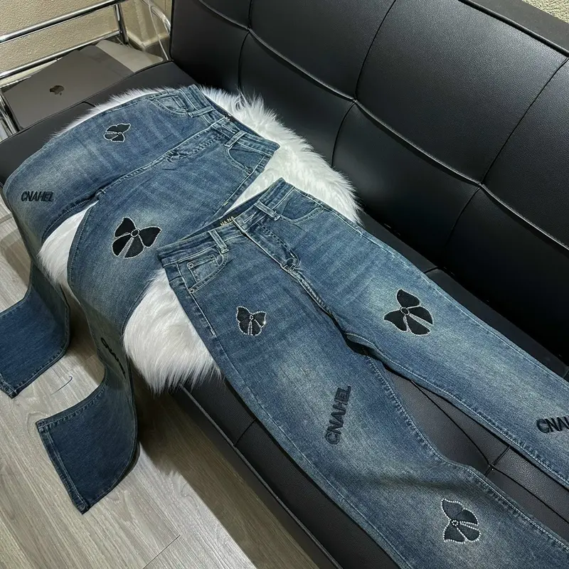 [N550 - Loe] Quần Jean Ống Loe thêu nơ đính đá chất vải QC mềm co giãn màu xanh rêu bụi dài 95cm 3