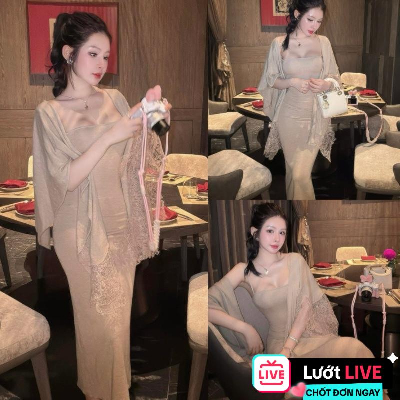    QC Chính Phẩm  Live Sao Gửi Vậy   Set Len Mỏng Gồm Váy 2 dây Dáng Dài Ôm Mix Khoắc Choàng Len Pha Ren Slay Quyến Rũ Dành Cho Nữ Women Dress By DiepGz111225 