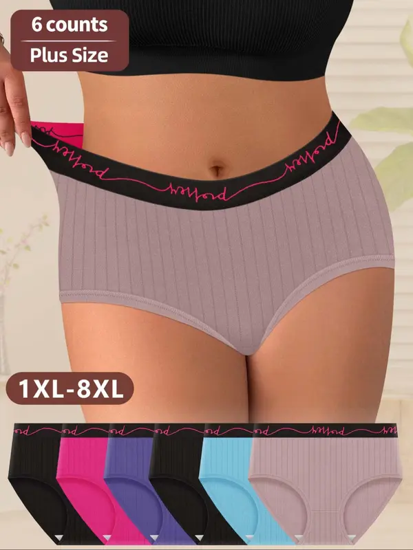 【Plus Size】 Letter Tape Mid Waist Panty, Regular Fit Soft Comfy Breathable Knicker for Daily Wear, Curvy Women's Underwear for All Seasons, Womenswear 0