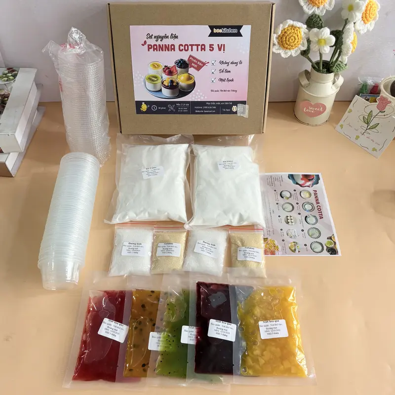 [Combo Panna 5 VỊ] Set nguyên liệu Panna Cotta siêu sốt 5 vị tặng kèm 50 hũ - thành phẩm 50-60 hũ 60ml mát lạnh, thơm ngon 1