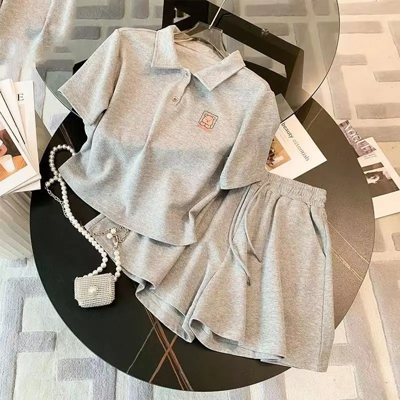 3-14Y Bộ hai món cổ polo thể thao mùa hè cho bé gái, Bộ hai món ngắn tay dáng rộng đơn giản, thời trang trẻ em lớn