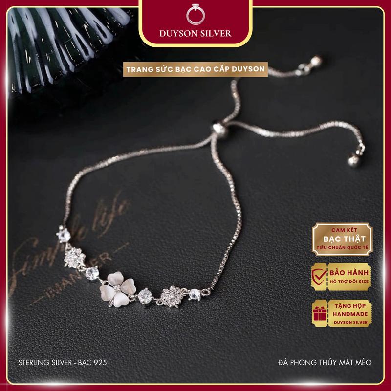 Vòng tay bạc nữ DUYSON SILVER, Lắc tay dây rút cỏ 4 lá đính đá Mắt mèo phong thủy may mắn LTKX4