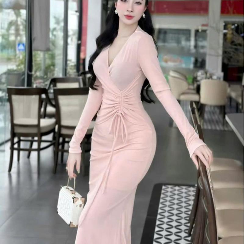 B37 VÁY body len lẠNH dÁNG dÀI dÂy rÚT eo ĐẦM dỰ tiỆC cỔ v sang trỌNG co dÃN 4 chiỀU che khuyÊt ĐiỂM eo phÙ hỢP Đi lÀM Đi chƠi Đi tiỆC