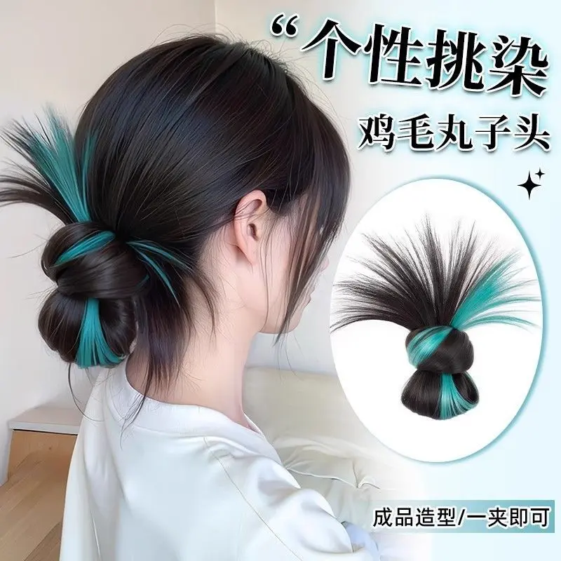 Low-tied curly hair bun wig; realistic hair color clip; flower bud headband; voluminous hair accessory pack.