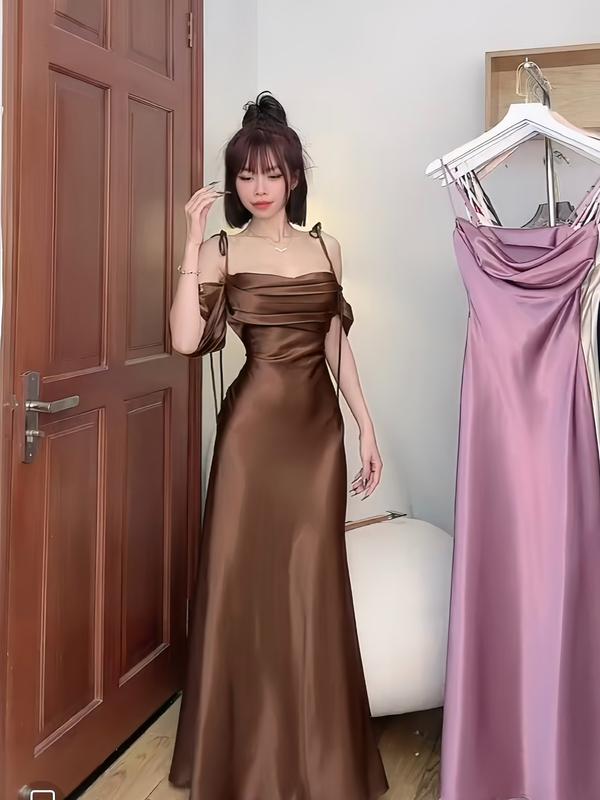 ĐẦM LỤA CỘT DÂY NỮ TRỄ VAI size SML lụa hàn châu cao cấp LILY DRESS Women Kem Nhung Màu Nâu