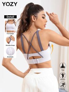 YOZY-GOOO Women's Contrast Binding Criss Cross Sports Bra, Breathable Comfortable Wireless Sports Bra, Ladies Sportswear for Indoor Outdoor Wear