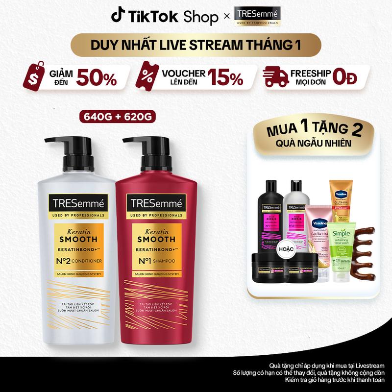 1 Combo Dầu Gội 640g + Dầu Xả 620g TRESemmé Keratin Smooth Công Thức Hydrolyzed Keratin Hỗ Trợ Dưỡng Tóc Vào Nếp Suôn Mượt Nữ
