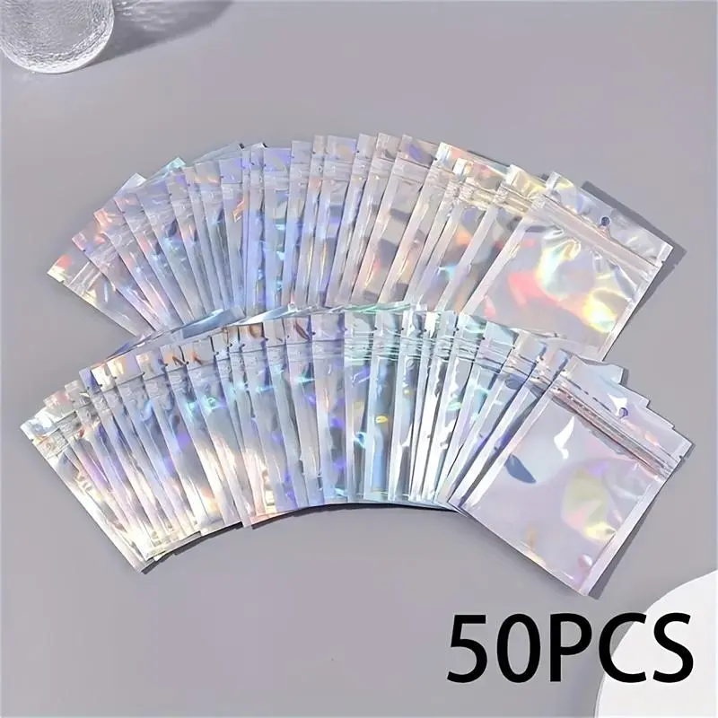 Transparent Laser Color Display Zipper Bag, 50pcs Reusable Self-sealing Storage Bag for Jewelry, Earrings, Necklaces, Bracelets, Rings, Storage Organizer