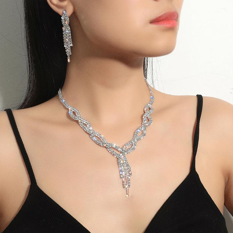 Bộ Bông Tai Vòng Cổ Đính Đính Đá, Màu Bạc, Đính Đá Lấp Lánh, Phong Cách Nghệ Thuật, Thích Hợp Làm Quà Tặng Ngày Lễ Tình Nhân Và Giáng Sinh 1