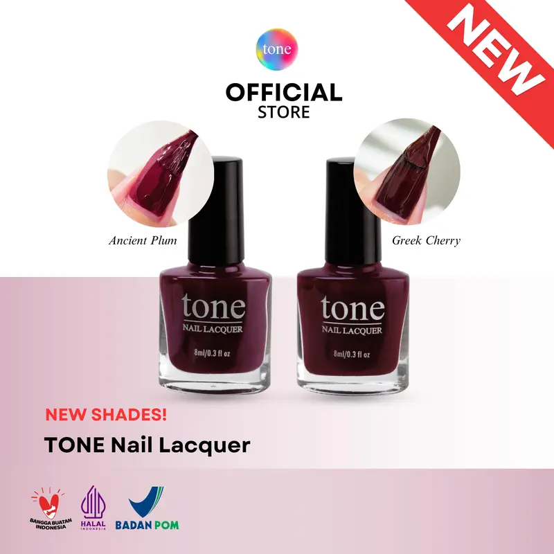 TONE Nail Lacquer Greek Cherry & Ancient Plum | Cat Kuku Maroon | Kutek Merah | Kutek Halal Muslimah 0