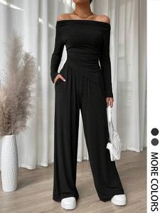 Two-Piece Set Women's Solid Off Shoulder Asymmetrical Hem Top & Elastic Waist Wide Leg Pants Set, Casual Ruched Top & Pocket Trousers for Spring & Fall, Women's Clothes for Daily Wear