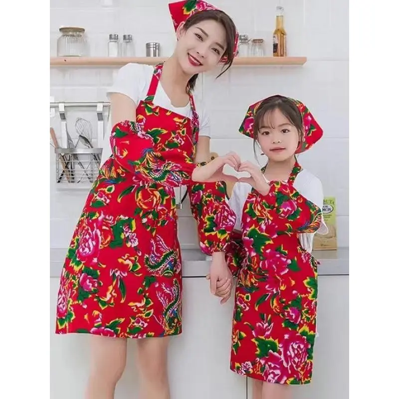 Bộ tạp dề nấu ăn làm bánh cho cha mẹ và con cái phong cách dân tộc hoa lớn Đông Bắc 2024 Khăn trùm đầu tay áo yếm Váy khiêu vũ biểu diễn cho trẻ em