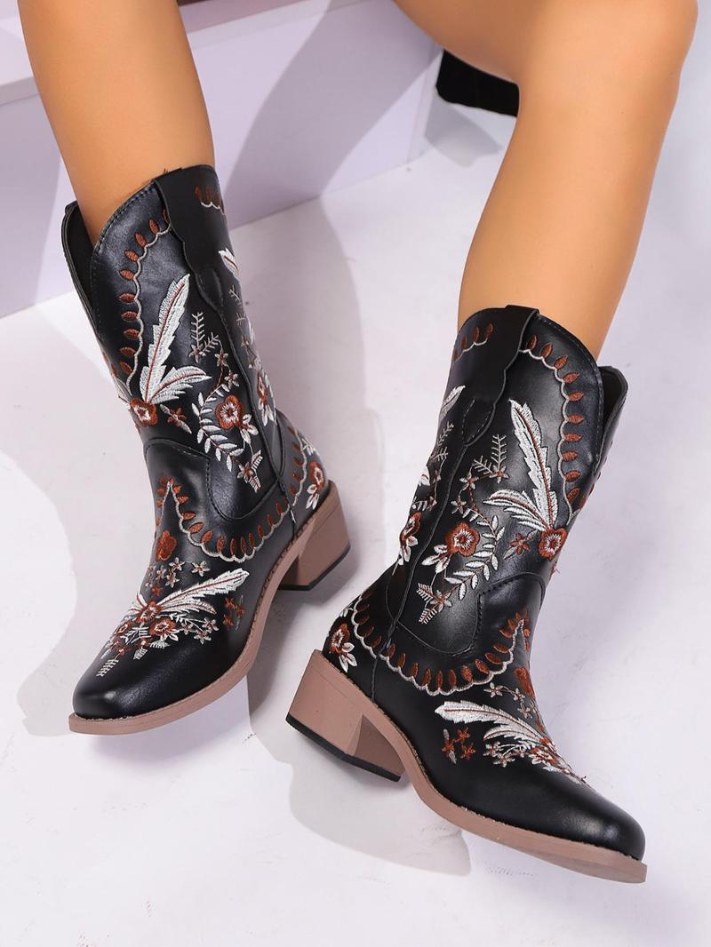 Product Introduction of Women's Fashionable Floral Embroidered Boots, Casual Pointed Toe Mid Heel Boots for Fall & Winter, Female All-match Trendy Shoes for Daily Wear 9