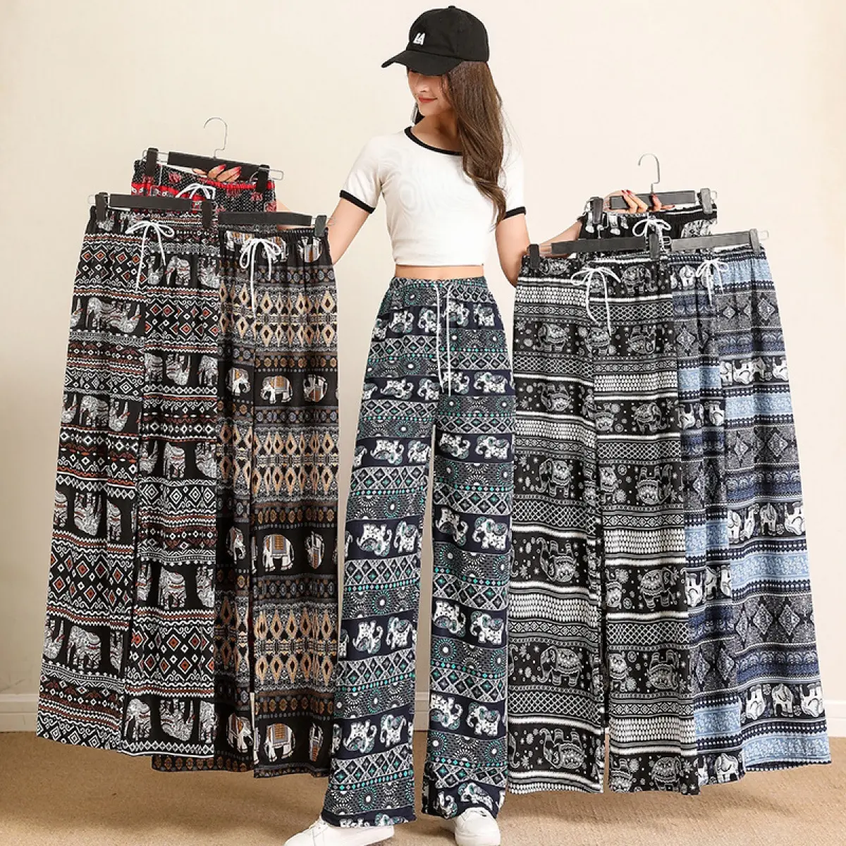Women Thin Elephant Ethnic Print ,Wide-Leg Pants,Elastic Waist Soft Summer Pants Men Outdoor Sports Trousers