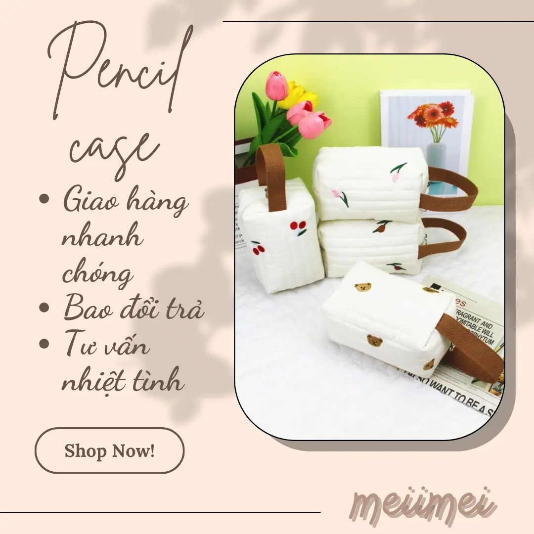 Túi đựng bút, đồ make up đa năng phong cách dễ thương (Gấu & trăng, cherry, tulip hồng, quả dừa) Bag Nhung Nam Hoa Tim