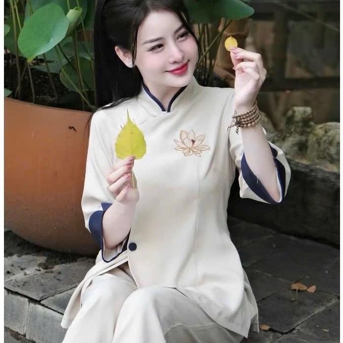LINH ĐAN Bộ quần áo đi chùa truyền thống thêu Sen cổ tầu chất liệu đũi xước cao cấp Nữ