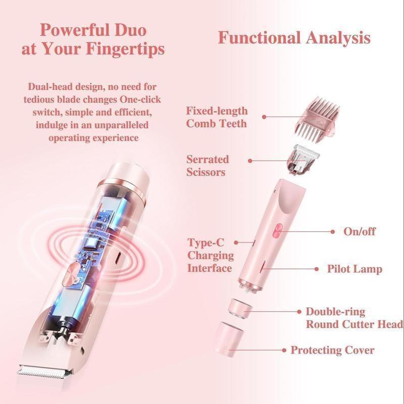 Electric Hair Trimmer, 1 Box Portable Rechargeable 2 in 1 Body & Face Epilator, Dual Head Trimmer for Face Armpit Legs, Shaver Women 8