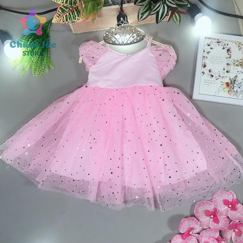 Váy Đầm Công Chúa Cho Bé Gái Kiểu Tay Ren Dây Đính Hạt Xòe 4 Lớp 10kg Đến 25kg Màu Hồng