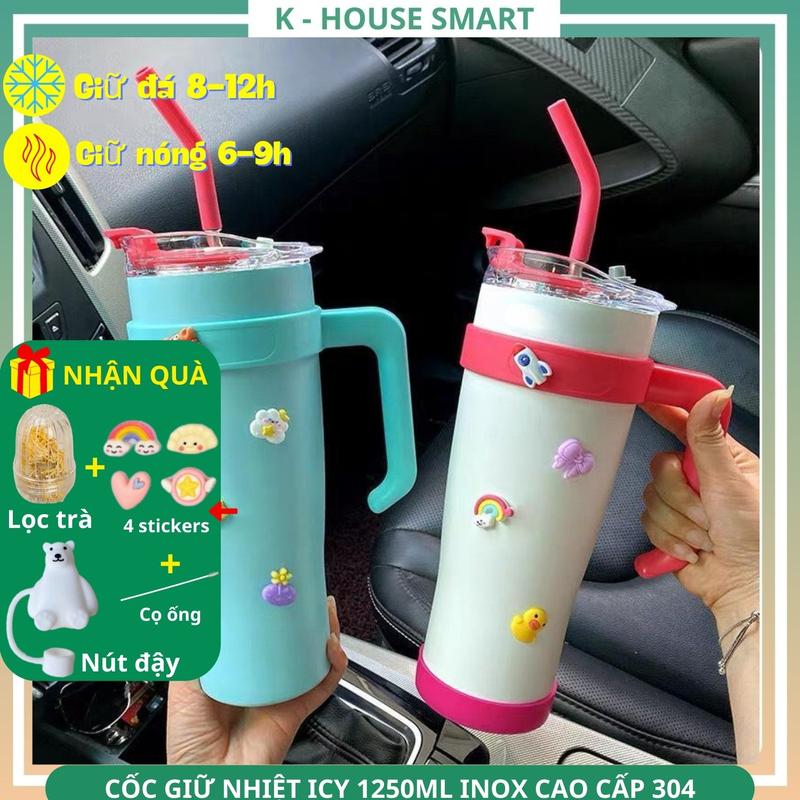  Ly giữ nhiệt lớn Icy K House 1250ml cao cấp sang trọng bình giữ nhiệt có nắp và ống hút inox 304 tặng combo 4 stickers 3D + nút đậy+cọ ống hút + lọc trà 