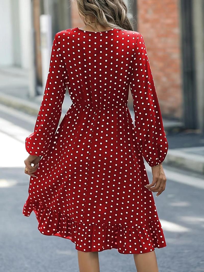 Product Introduction of Women's Polka Dot Print Ruffle Hem A Line Dress, Casual V Neck Bishop Sleeve Knee Length Dress for Summer, Fashion Women's Dresses for Daily Wear 2