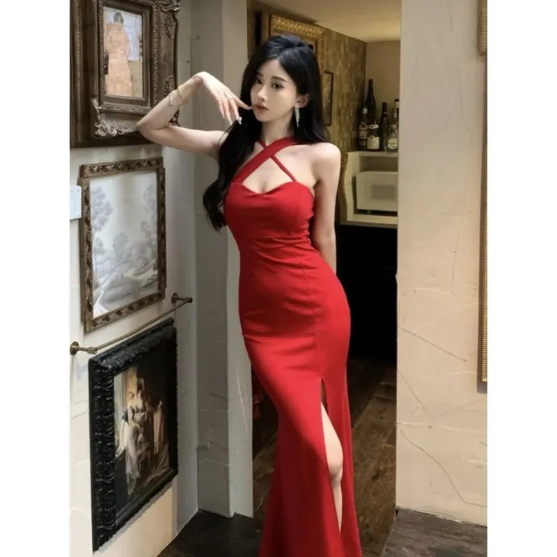 7861 summer korean red long dress fitted backless formal prom dress elegant sexy cocktail christmas dress 3