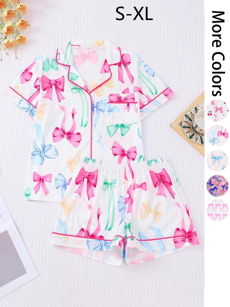 Product Introduction of Women's All Over Print Pajama Set, Casual Comfy Short Sleeve Lapel Neckline Pocket Shirt & Shorts PJ Set, Ladies Summer Sleepwear 5