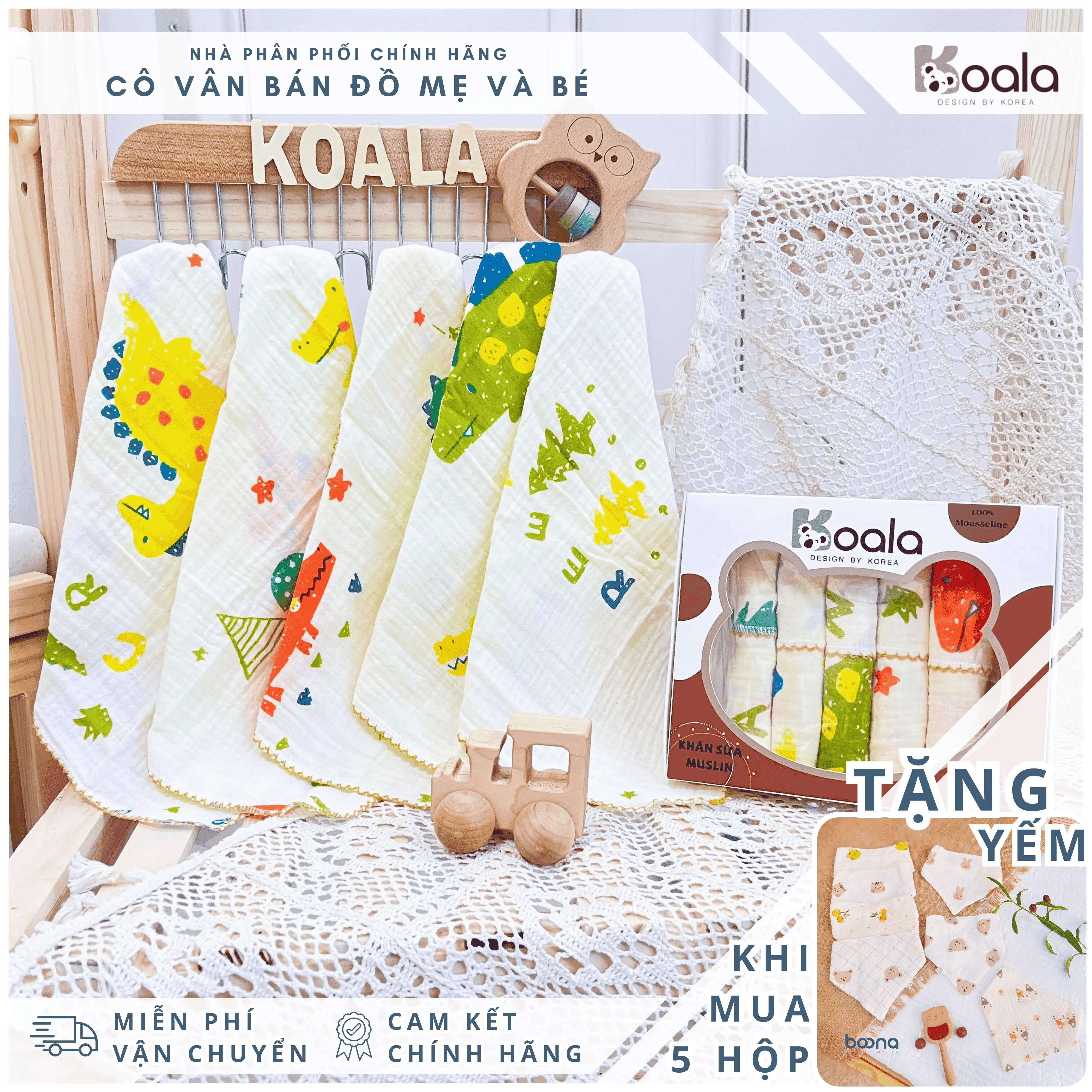 [Mua từ 5 hộp tặng 1 yếm] Khăn xô sữa Koala cho bé làm từ vải muslin cao cấp 2 lớp dùng làm khăn lau, khăn mặt kích thước 30x30cm